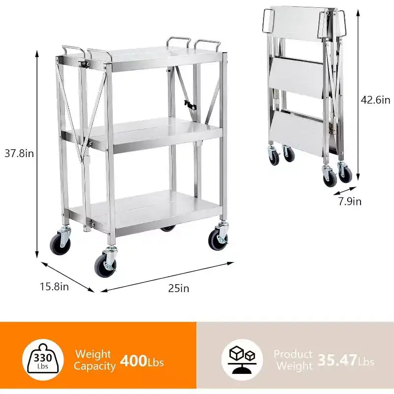 Carrello multiuso a 3 ripiani in acciaio inossidabile, carrello di servizio pieghevole con ruote, carrello portatile con ruote ad alta resistenza da 300LBS per cucina e laboratorio