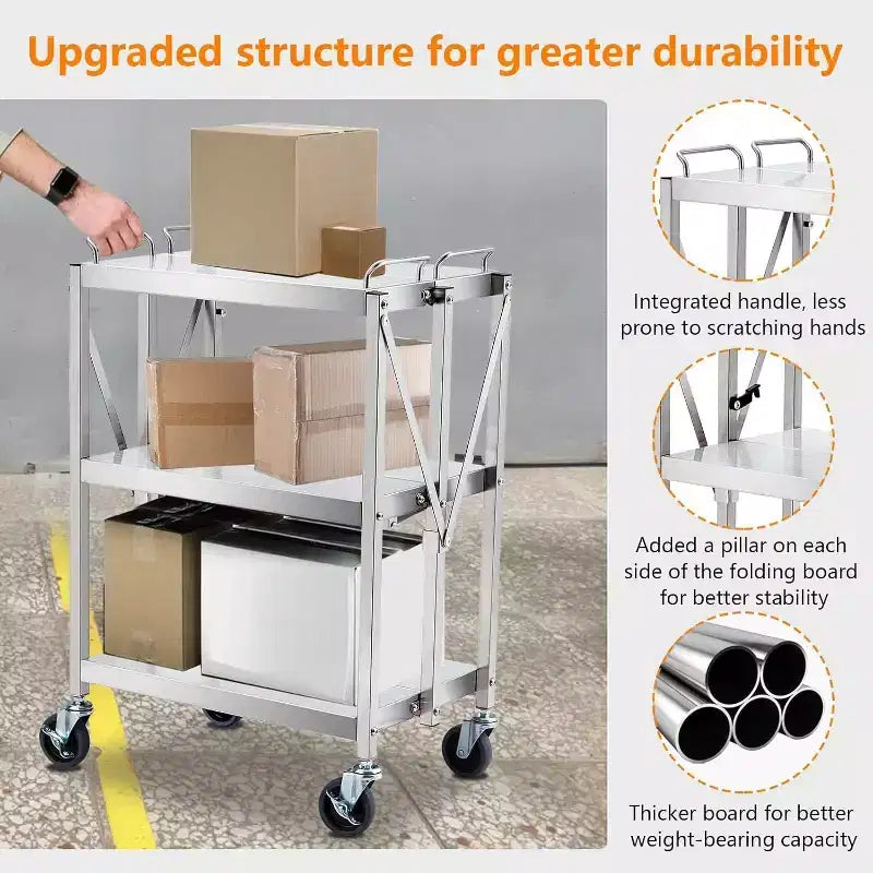 Carrello multiuso a 3 ripiani in acciaio inossidabile, carrello di servizio pieghevole con ruote, carrello portatile con ruote ad alta resistenza da 300LBS per cucina e laboratorio