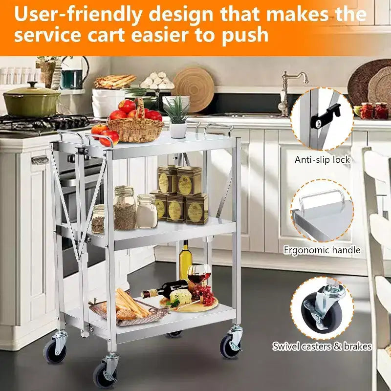 Carrello multiuso a 3 ripiani in acciaio inossidabile, carrello di servizio pieghevole con ruote, carrello portatile con ruote ad alta resistenza da 300LBS per cucina e laboratorio
