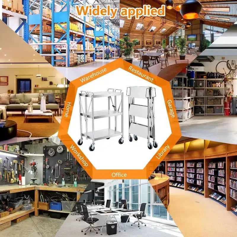Carrello multiuso a 3 ripiani in acciaio inossidabile, carrello di servizio pieghevole con ruote, carrello portatile con ruote ad alta resistenza da 300LBS per cucina e laboratorio
