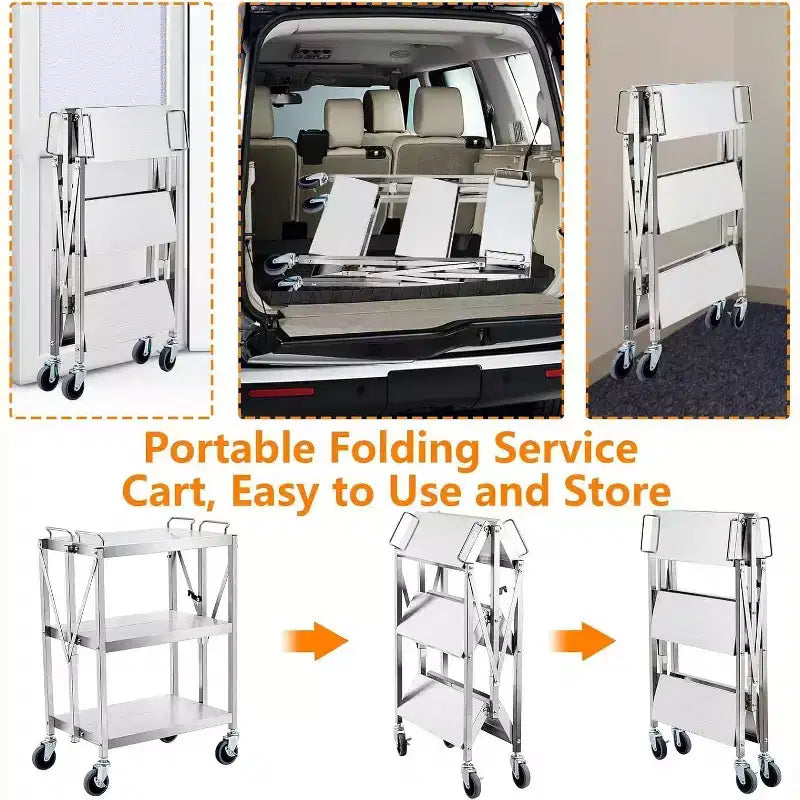 Carrello multiuso a 3 ripiani in acciaio inossidabile, carrello di servizio pieghevole con ruote, carrello portatile con ruote ad alta resistenza da 300LBS per cucina e laboratorio