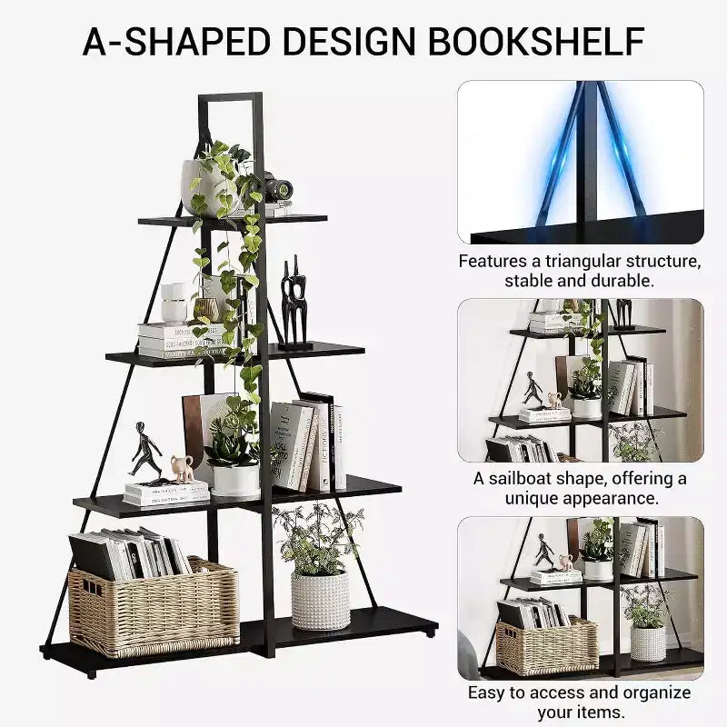 Estantería para libros de 4 baldas, estructura en forma de A de velero, estantería escalonada de exposición, librería clásica moderna para CD, libros y películas