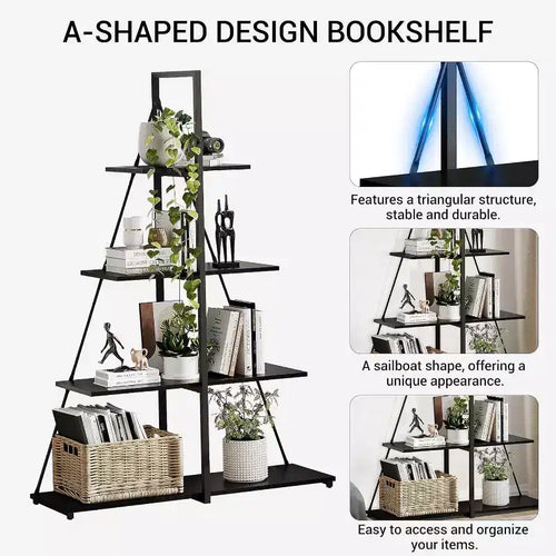 Libreria a 4 ripiani, struttura a forma di A con barca a vela, scaffale a scala, libreria classica moderna per libri, CD e film