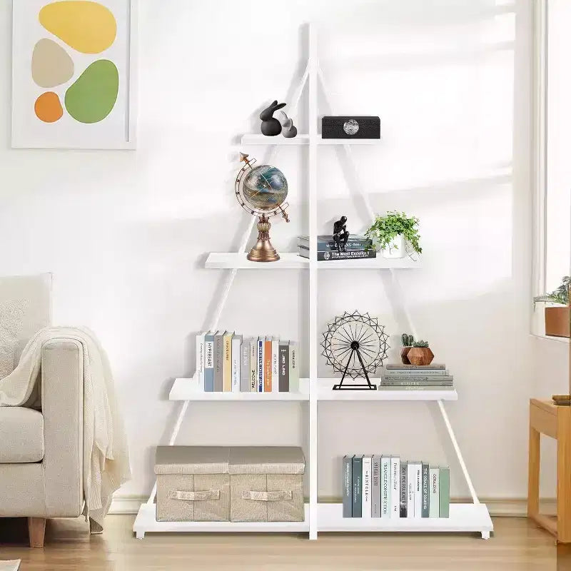 Estantería para libros de 4 baldas, estructura en forma de A de velero, estantería escalonada de exposición, librería clásica moderna para CD, libros y películas