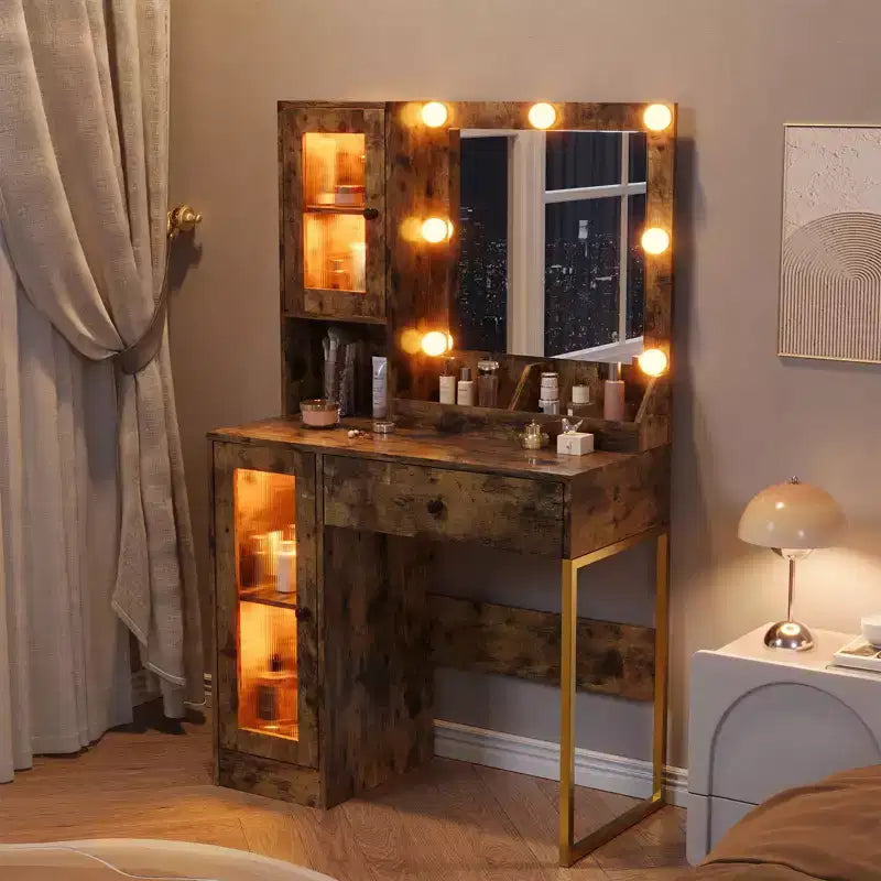 Scrivania da trucco con specchio e luci, tavolino da toeletta con stazione di ricarica, tavolo da toeletta in legno per la camera da letto delle ragazze