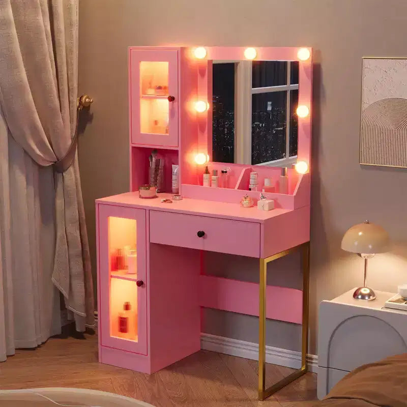 Scrivania da trucco con specchio e luci, tavolino da toeletta con stazione di ricarica, tavolo da toeletta in legno per la camera da letto delle ragazze
