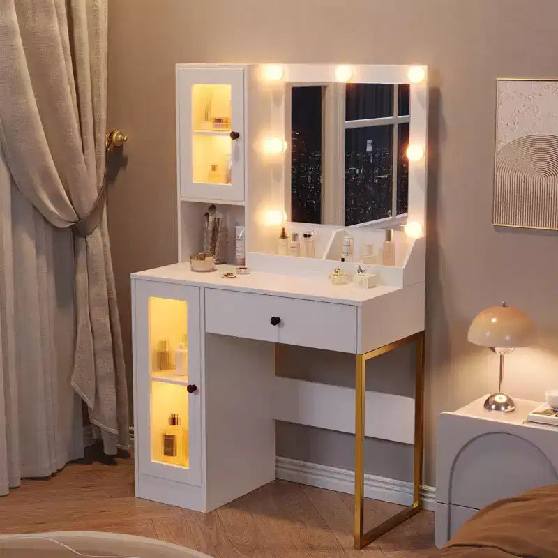Scrivania da trucco con specchio e luci, tavolino da toeletta con stazione di ricarica, tavolo da toeletta in legno per la camera da letto delle ragazze