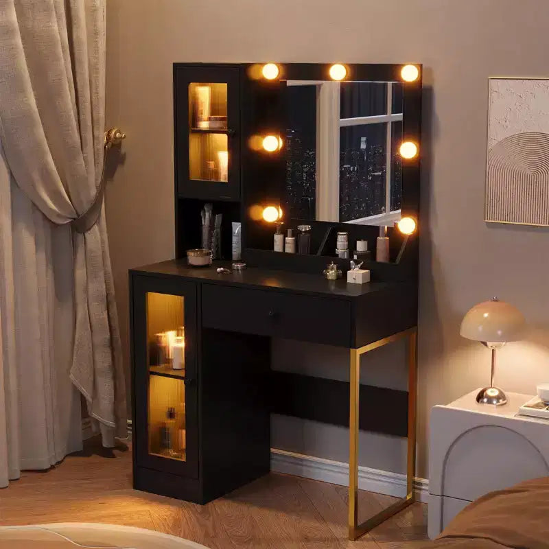 Scrivania da trucco con specchio e luci, tavolino da toeletta con stazione di ricarica, tavolo da toeletta in legno per la camera da letto delle ragazze