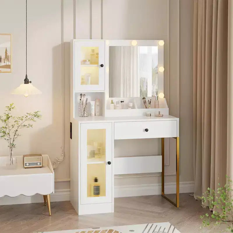 Scrivania da trucco con specchio e luci, tavolino da toeletta con stazione di ricarica, tavolo da toeletta in legno per la camera da letto delle ragazze