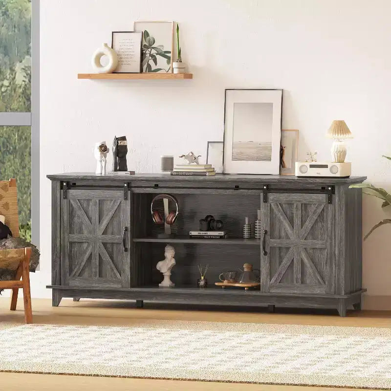 Mueble de TV estilo rústico de 70 pulgadas con puertas de granero cruzadas, centro de entretenimiento para la sala de estar