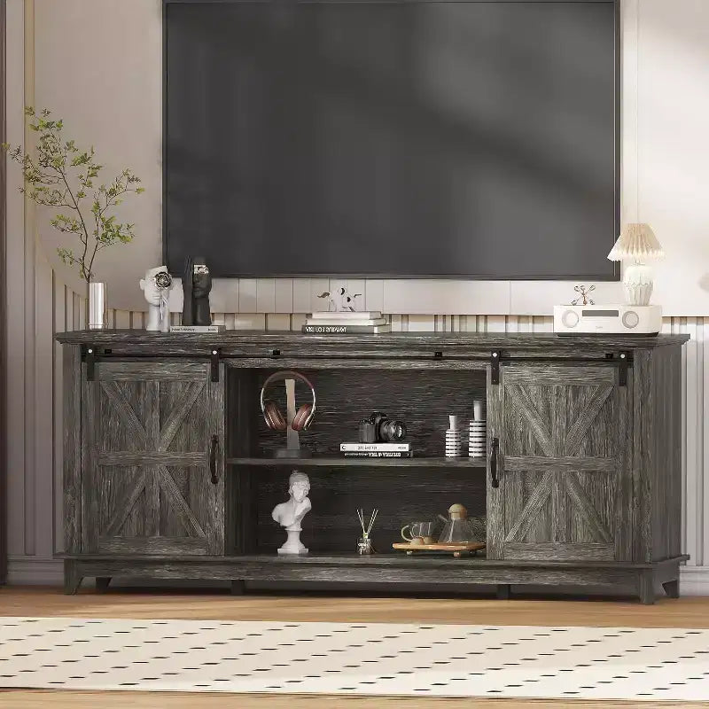 Mueble de TV estilo rústico de 70 pulgadas con puertas de granero cruzadas, centro de entretenimiento para la sala de estar