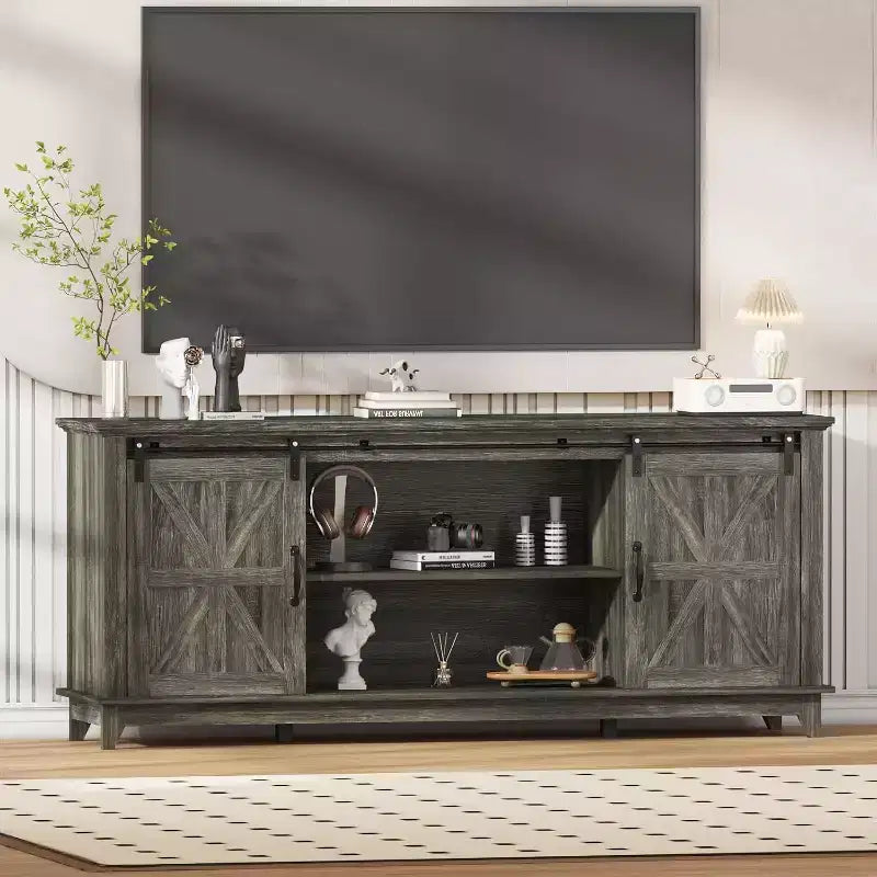 Mueble de TV estilo rústico de 70 pulgadas con puertas de granero cruzadas, centro de entretenimiento para la sala de estar