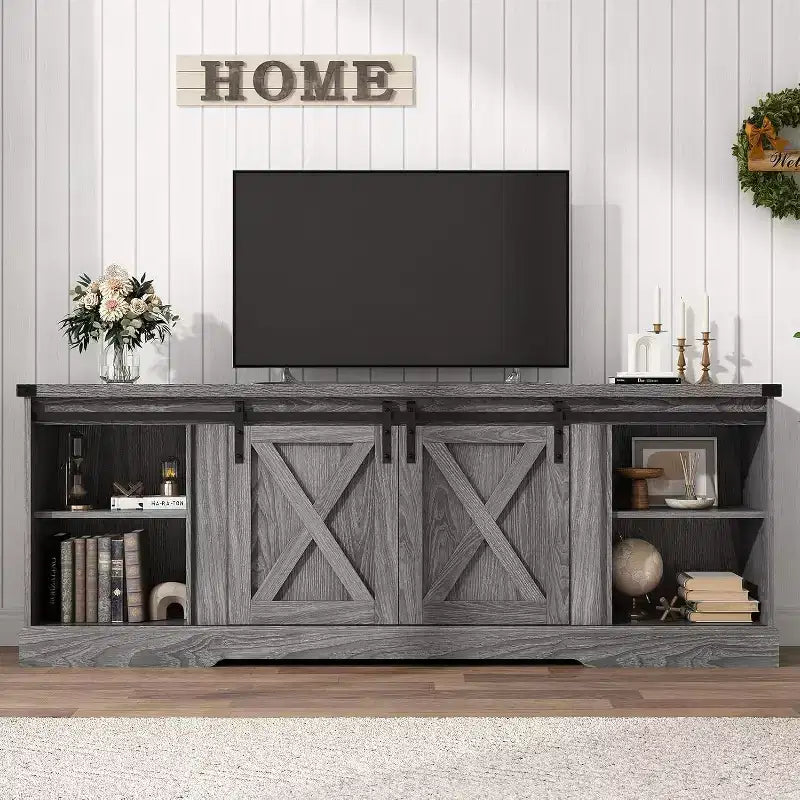 Mueble de TV estilo rústico de 70 pulgadas con puertas de granero cruzadas, centro de entretenimiento para la sala de estar