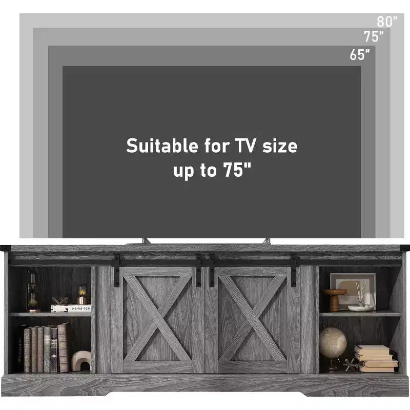Mueble de TV estilo rústico de 70 pulgadas con puertas de granero cruzadas, centro de entretenimiento para la sala de estar