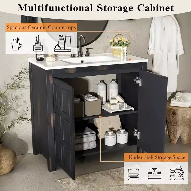 Set mobile bagno da 72 con doppio lavabo, mobile bagno con lavabi integrati, ante a chiusura rallentata e ripiano regolabile, color espresso