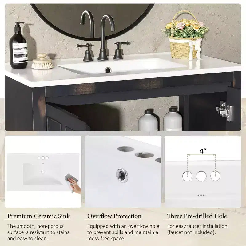 Set mobile bagno da 72 con doppio lavabo, mobile bagno con lavabi integrati, ante a chiusura rallentata e ripiano regolabile, color espresso