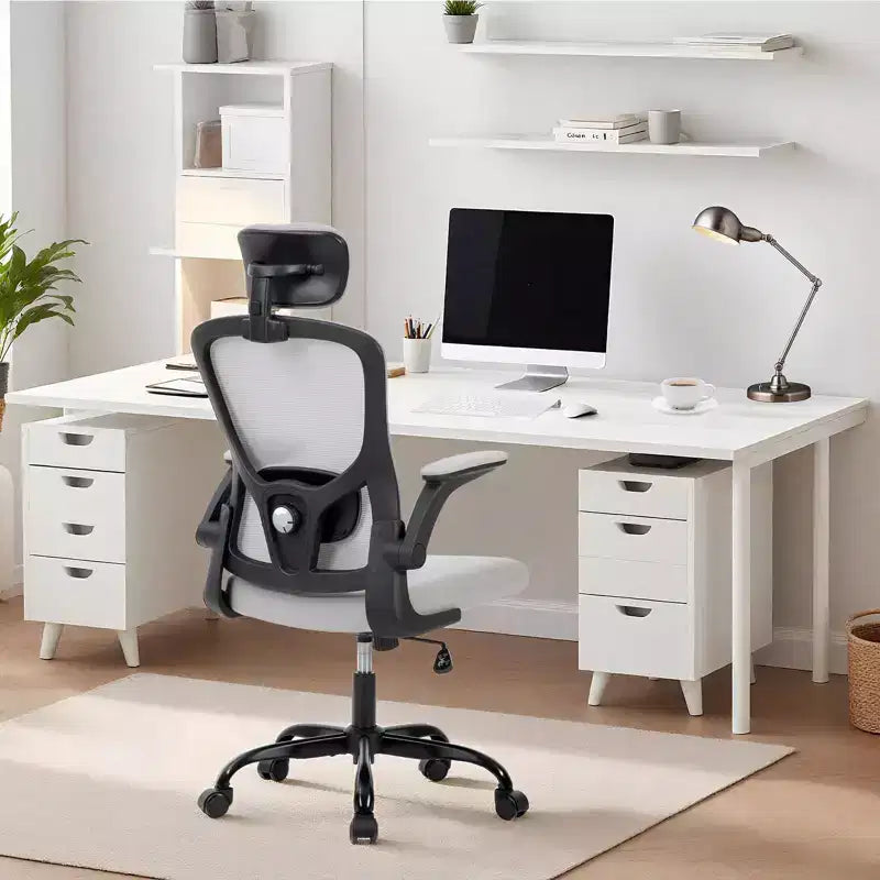 Luksusowe ergonomiczne krzesło biurowe z wysokim oparciem z szarej siatki - regulowany zagłówek i odchylane oparcie, obrót o 360 - ciche kółka, przyjazne dla skóry i trwałe