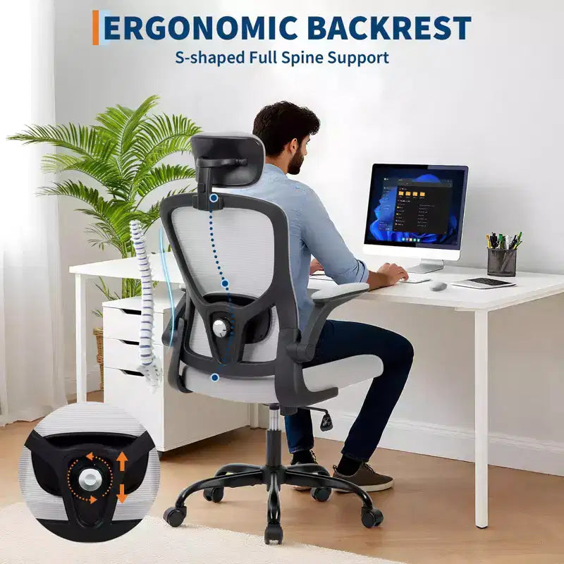 Luksusowe ergonomiczne krzesło biurowe z wysokim oparciem z szarej siatki - regulowany zagłówek i odchylane oparcie, obrót o 360 - ciche kółka, przyjazne dla skóry i trwałe