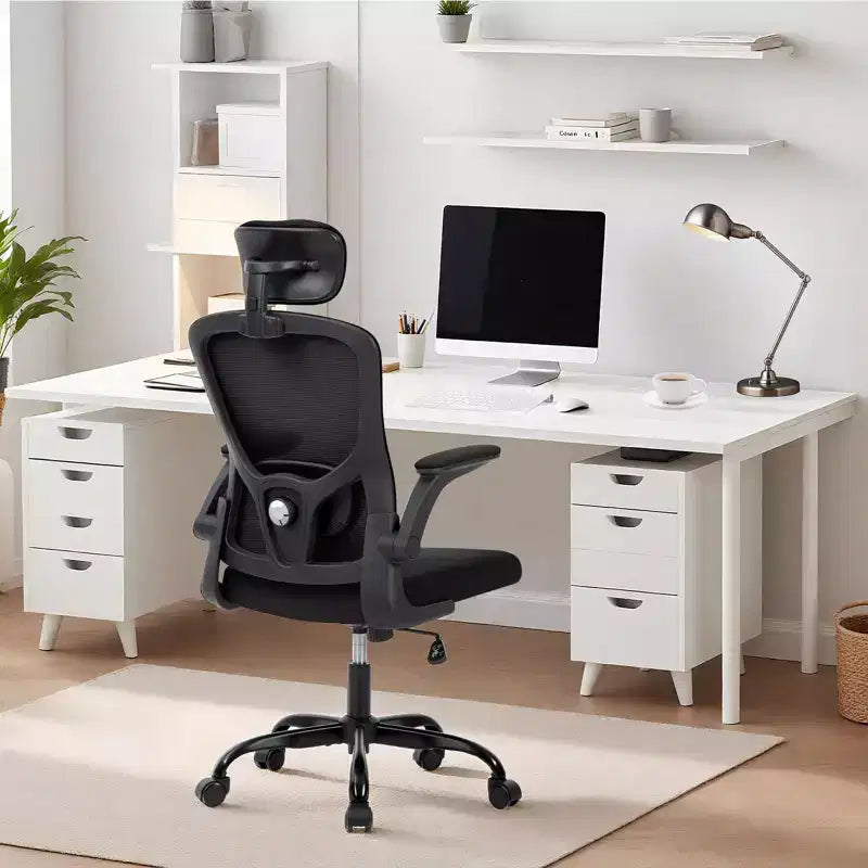 Luksusowe ergonomiczne krzesło biurowe z wysokim oparciem z szarej siatki - regulowany zagłówek i odchylane oparcie, obrót o 360 - ciche kółka, przyjazne dla skóry i trwałe
