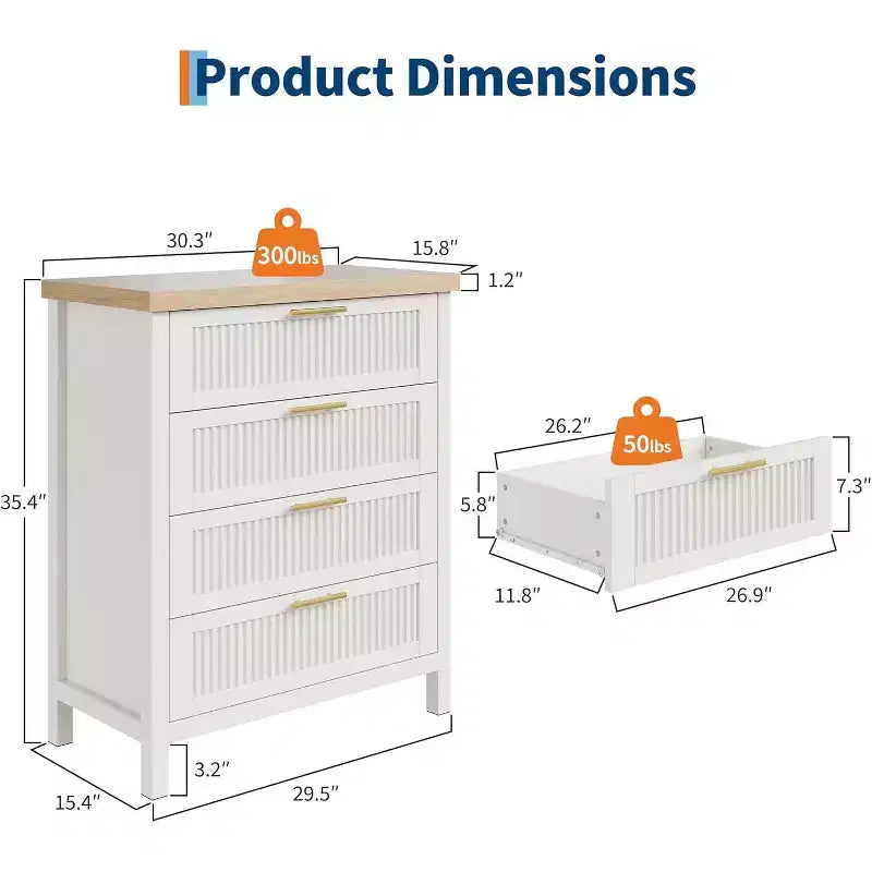 Cassettiera scanalata per camera da letto, cassettiera alta 35,4'' con 4 cassetti contenitore, moderno mobile organizer in legno per abiti per soggiorno, camera da letto e ingresso