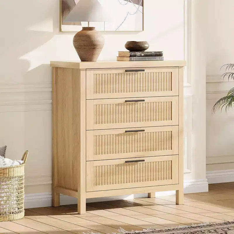 Cassettiera scanalata per camera da letto, cassettiera alta 35,4'' con 4 cassetti contenitore, moderno mobile organizer in legno per abiti per soggiorno, camera da letto e ingresso