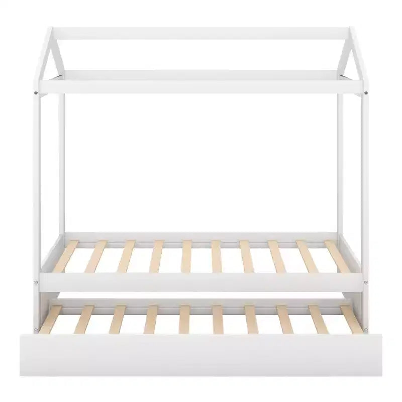 Letto a casetta in legno per materasso singolo con letto estraibile, bianco