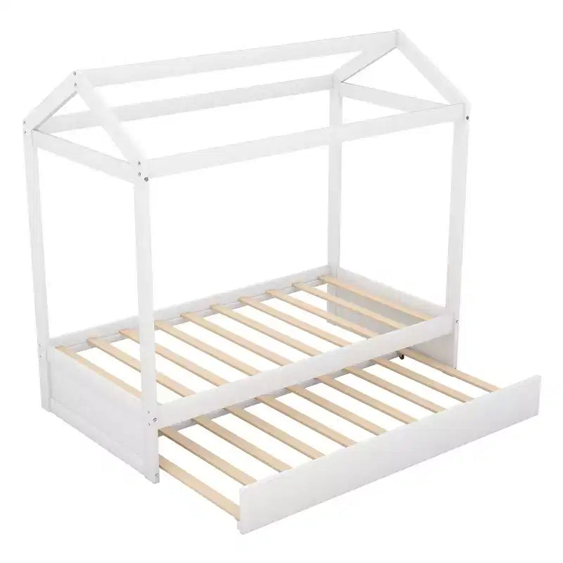 Letto a casetta in legno per materasso singolo con letto estraibile, bianco