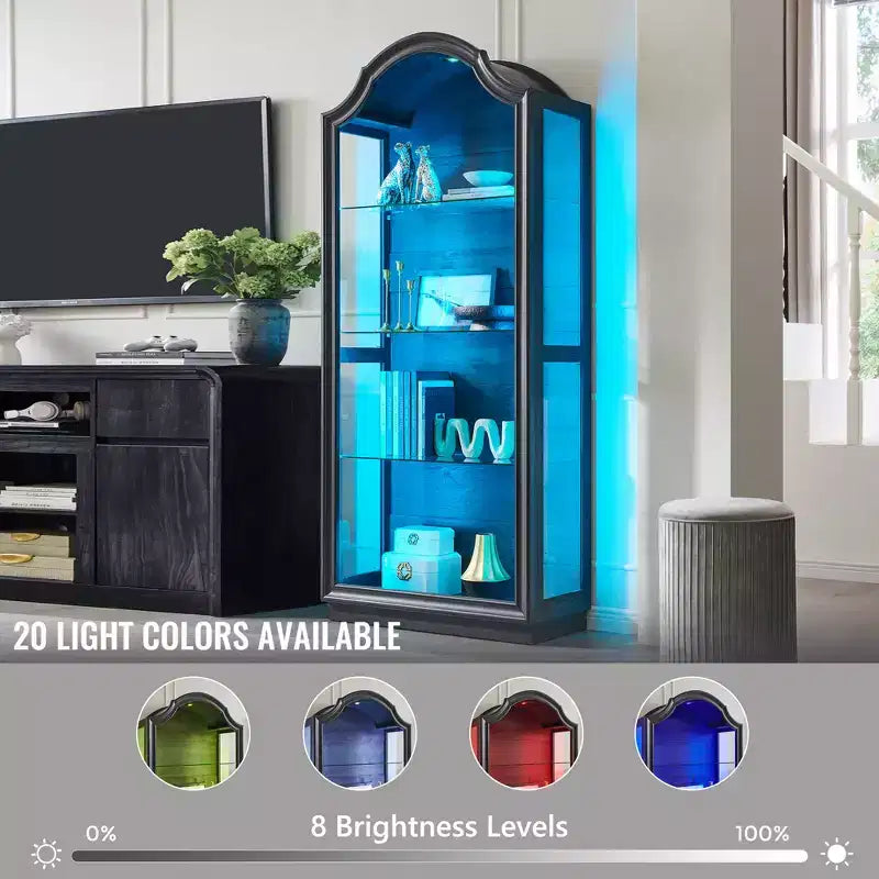 Despensa de cocina arqueada de 72, vitrina de vidrio de 4 niveles con 20 luces LED de colores, estante vitrina moderno para la sala