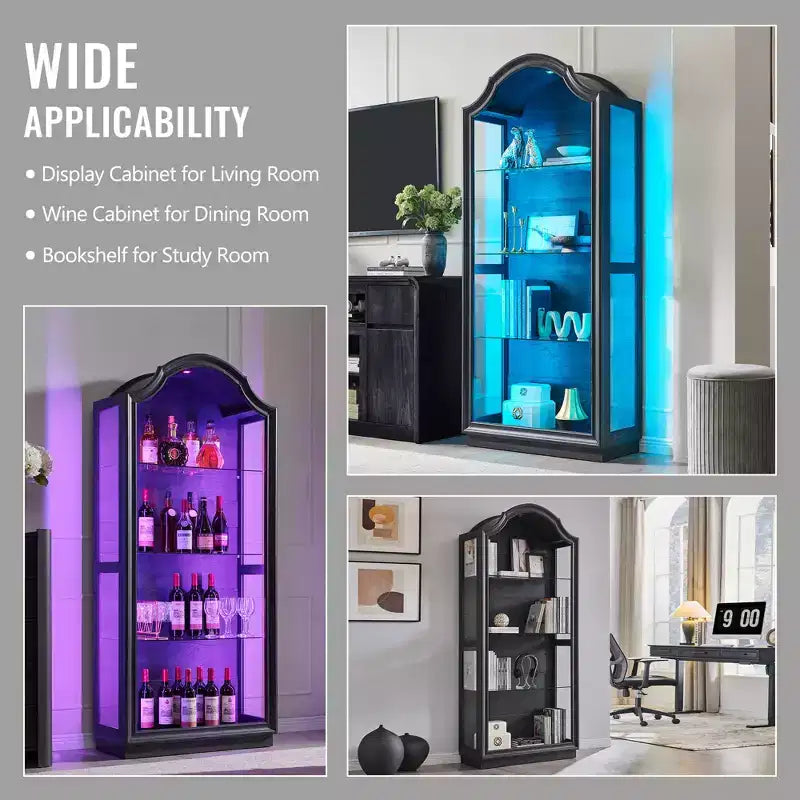 Despensa de cocina arqueada de 72, vitrina de vidrio de 4 niveles con 20 luces LED de colores, estante vitrina moderno para la sala