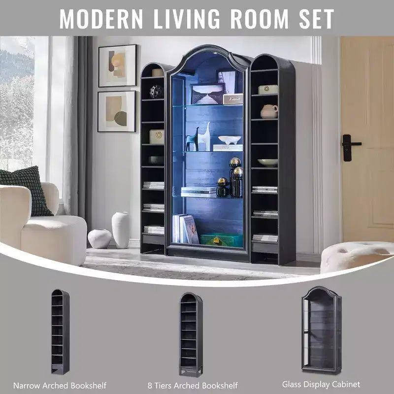 Despensa de cocina arqueada de 72, vitrina de vidrio de 4 niveles con 20 luces LED de colores, estante vitrina moderno para la sala