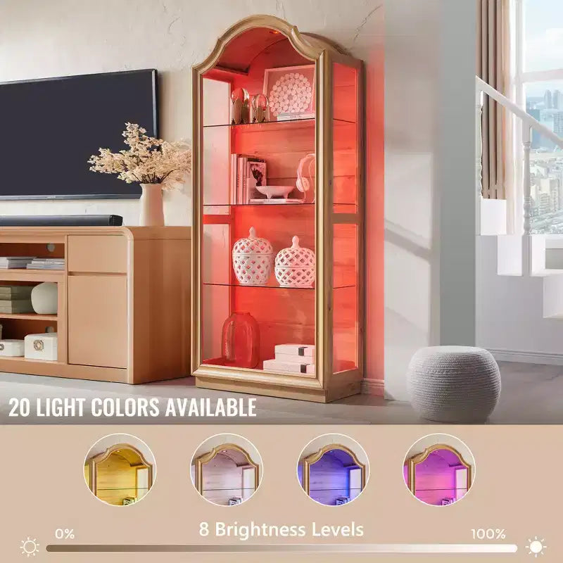 Despensa de cocina arqueada de 72, vitrina de vidrio de 4 niveles con 20 luces LED de colores, estante vitrina moderno para la sala