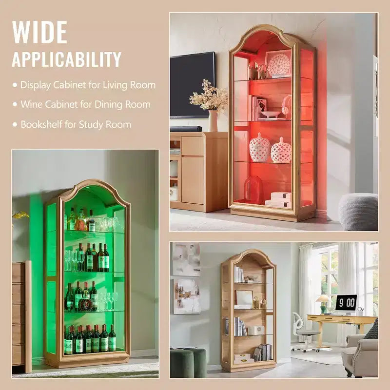 Despensa de cocina arqueada de 72, vitrina de vidrio de 4 niveles con 20 luces LED de colores, estante vitrina moderno para la sala