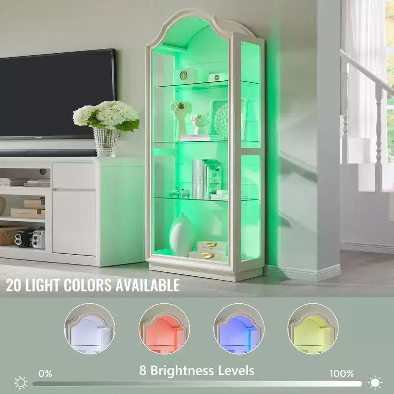 Despensa de cocina arqueada de 72, vitrina de vidrio de 4 niveles con 20 luces LED de colores, estante vitrina moderno para la sala