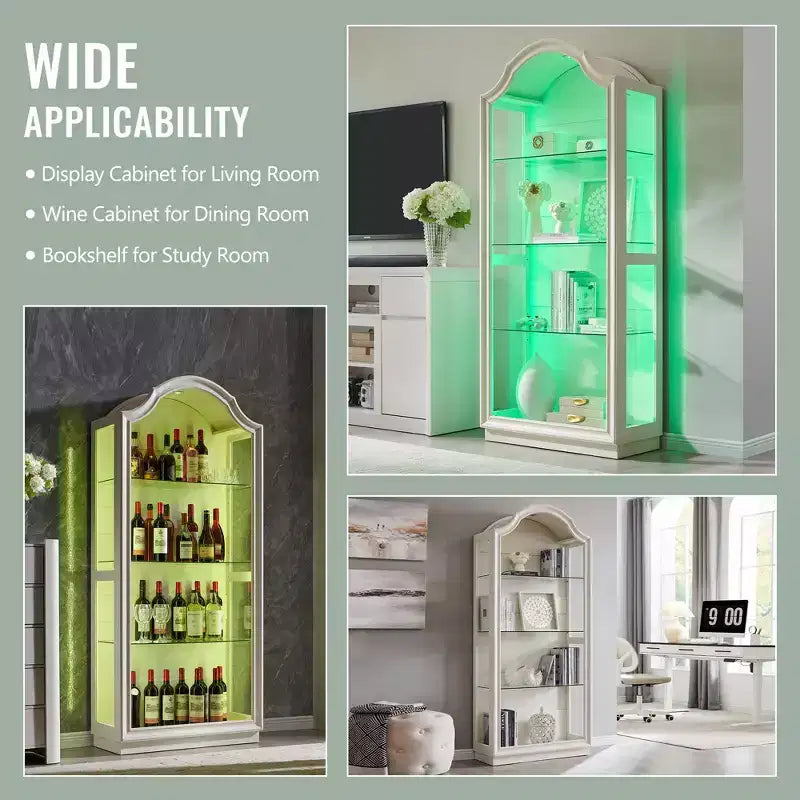 Despensa de cocina arqueada de 72, vitrina de vidrio de 4 niveles con 20 luces LED de colores, estante vitrina moderno para la sala