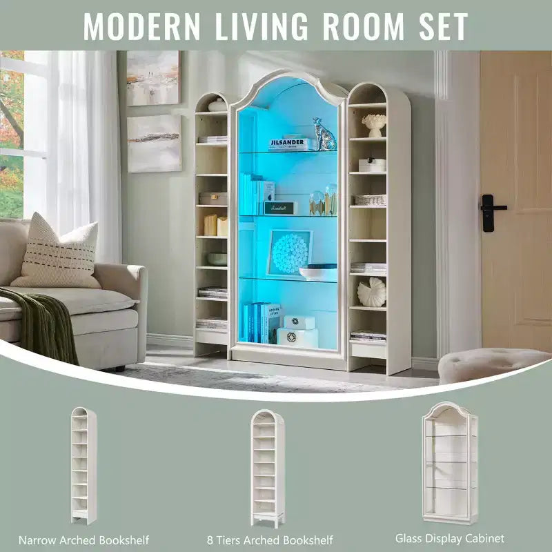 Despensa de cocina arqueada de 72, vitrina de vidrio de 4 niveles con 20 luces LED de colores, estante vitrina moderno para la sala