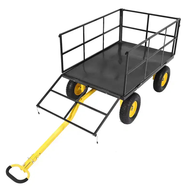 Carrello da giardino in acciaio da 1400 Lbs, robusto rimorchio da giardino 2-in-1 con sponde in rete rimovibili, 13 pneumatici fuoristrada e manico da 180