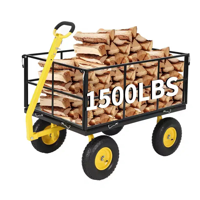 Carrello da giardino in acciaio da 1400 Lbs, robusto rimorchio da giardino 2-in-1 con sponde in rete rimovibili, 13 pneumatici fuoristrada e manico da 180