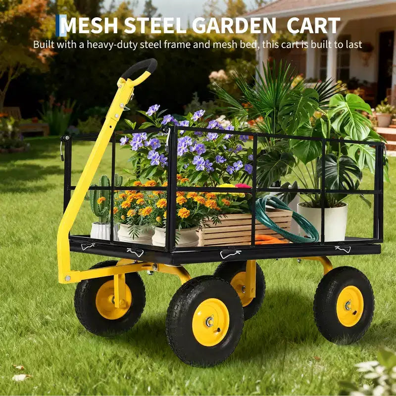 Carrello da giardino in acciaio da 1400 Lbs, robusto rimorchio da giardino 2-in-1 con sponde in rete rimovibili, 13 pneumatici fuoristrada e manico da 180