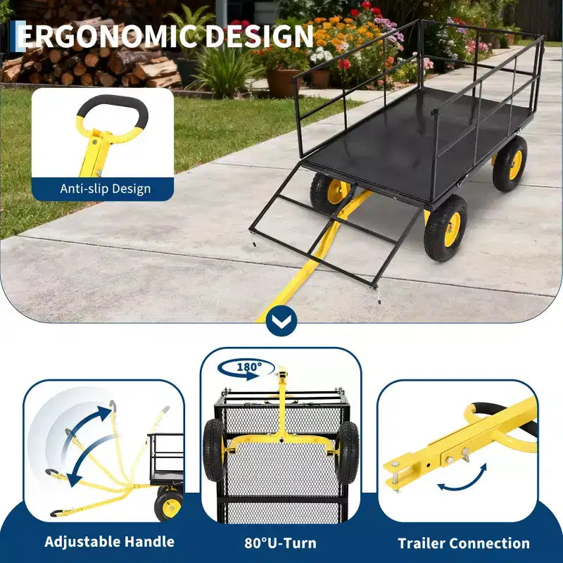 Carrello da giardino in acciaio da 1400 Lbs, robusto rimorchio da giardino 2-in-1 con sponde in rete rimovibili, 13 pneumatici fuoristrada e manico da 180