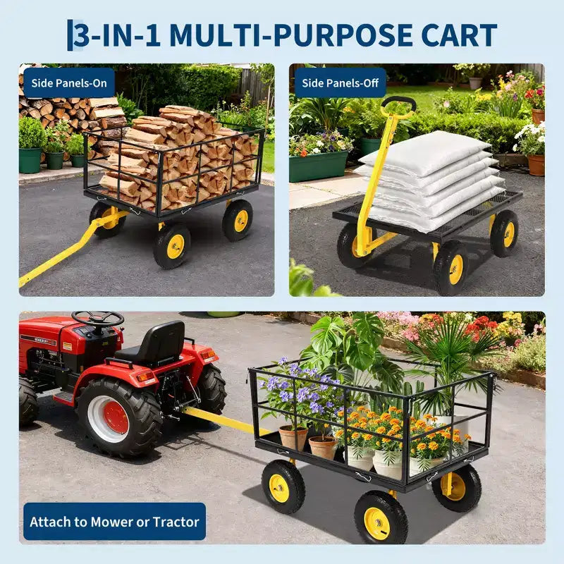 Carrello da giardino in acciaio da 1400 Lbs, robusto rimorchio da giardino 2-in-1 con sponde in rete rimovibili, 13 pneumatici fuoristrada e manico da 180
