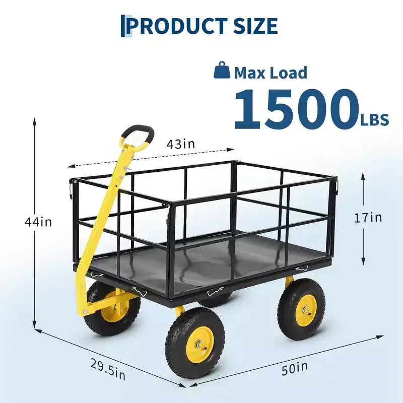 Carrello da giardino in acciaio da 1400 Lbs, robusto rimorchio da giardino 2-in-1 con sponde in rete rimovibili, 13 pneumatici fuoristrada e manico da 180