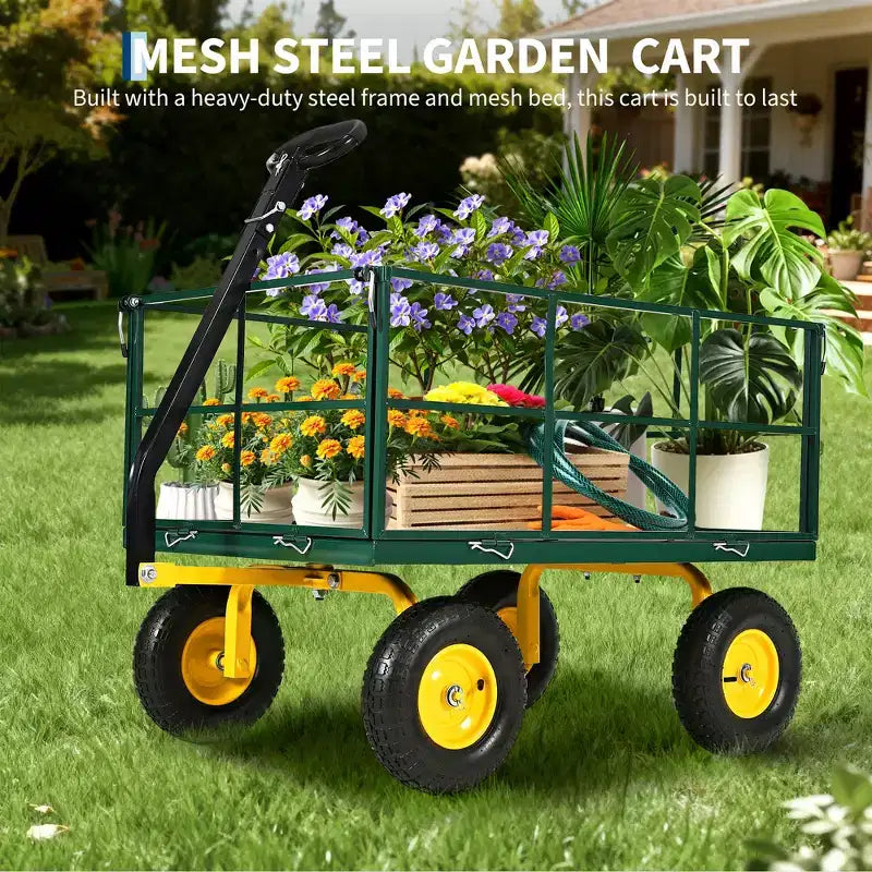 Carrello da giardino in acciaio da 1400 Lbs, robusto rimorchio da giardino 2-in-1 con sponde in rete rimovibili, 13 pneumatici fuoristrada e manico da 180