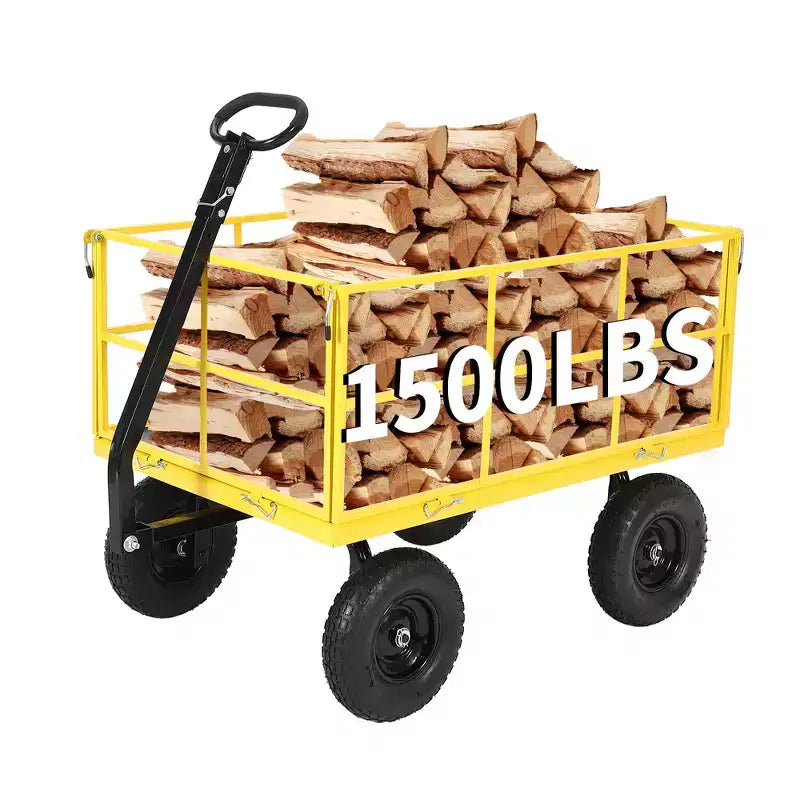 Carrello da giardino in acciaio da 1400 Lbs, robusto rimorchio da giardino 2-in-1 con sponde in rete rimovibili, 13 pneumatici fuoristrada e manico da 180
