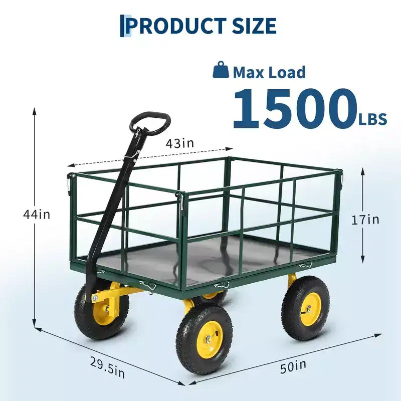 Carrello da giardino in acciaio da 1400 Lbs, robusto rimorchio da giardino 2-in-1 con sponde in rete rimovibili, 13 pneumatici fuoristrada e manico da 180