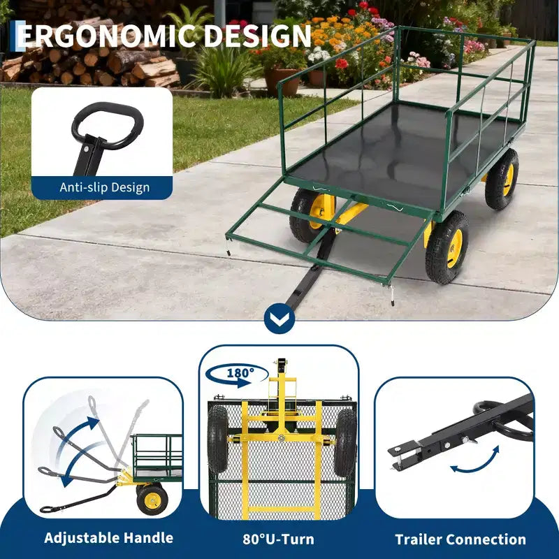 Carrello da giardino in acciaio da 1400 Lbs, robusto rimorchio da giardino 2-in-1 con sponde in rete rimovibili, 13 pneumatici fuoristrada e manico da 180