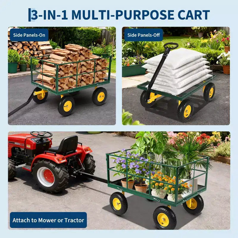 Carrello da giardino in acciaio da 1400 Lbs, robusto rimorchio da giardino 2-in-1 con sponde in rete rimovibili, 13 pneumatici fuoristrada e manico da 180