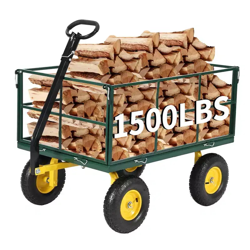 Carrello da giardino in acciaio da 1400 Lbs, robusto rimorchio da giardino 2-in-1 con sponde in rete rimovibili, 13 pneumatici fuoristrada e manico da 180