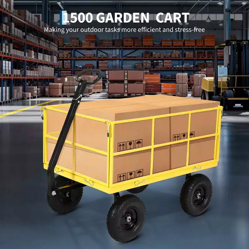 Carrello da giardino in acciaio da 1400 Lbs, robusto rimorchio da giardino 2-in-1 con sponde in rete rimovibili, 13 pneumatici fuoristrada e manico da 180