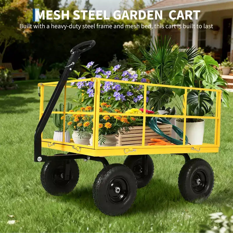 Carrello da giardino in acciaio da 1400 Lbs, robusto rimorchio da giardino 2-in-1 con sponde in rete rimovibili, 13 pneumatici fuoristrada e manico da 180