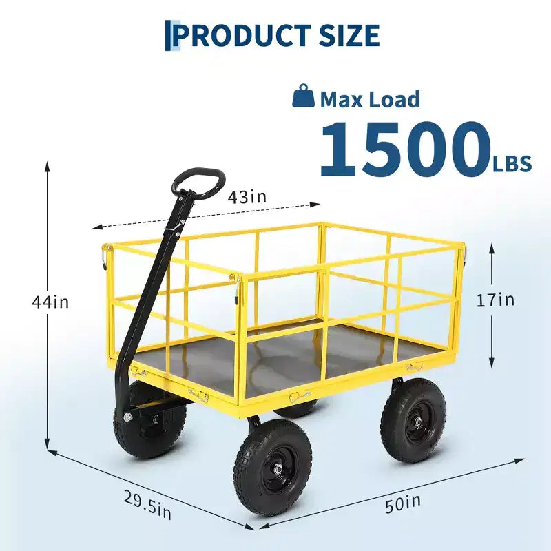 Carrello da giardino in acciaio da 1400 Lbs, robusto rimorchio da giardino 2-in-1 con sponde in rete rimovibili, 13 pneumatici fuoristrada e manico da 180
